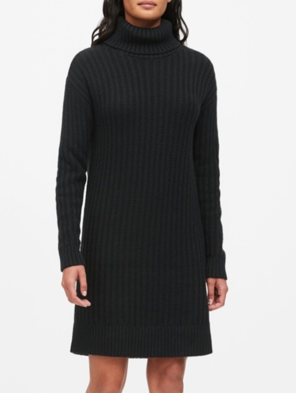 EUC Banana Republic Turtleneck Cable Knit Sweater Dress in Black Size XL TALL